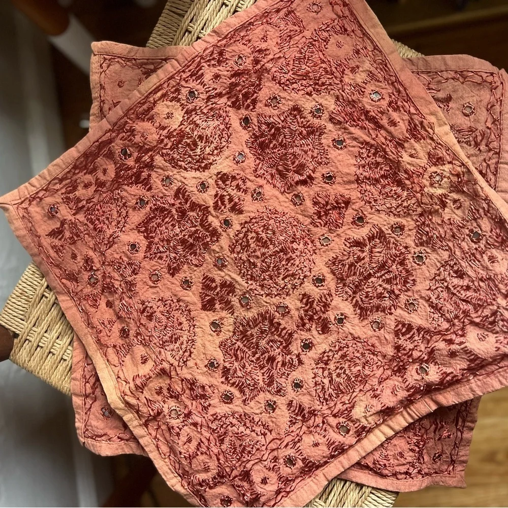 Vintage Boho Embroidered Pillow Covers 15x15 Orange & Red with Mirror Accents